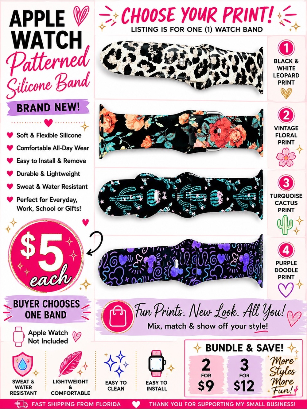 Apple Watch Silicone Band | Brand New | Choose Your Print | $5 Each or 2/$9